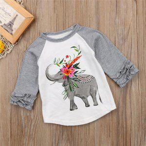 GIRLS BOHO ELEPHANT RAGLAN 3/4 RUFFLE SLEEVE